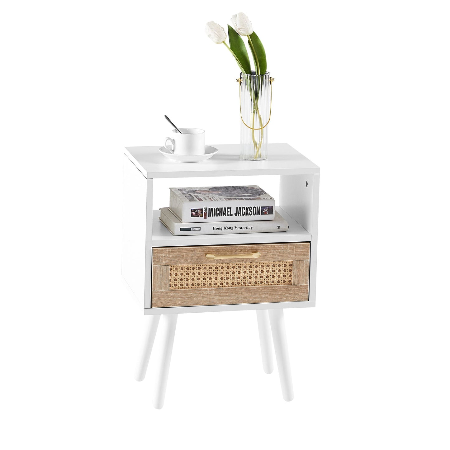 15.75" Rattan End Table With Drawer And Solid Wood Legs, Modern Nightstand, Side Table For Living Room, Bedroom - White