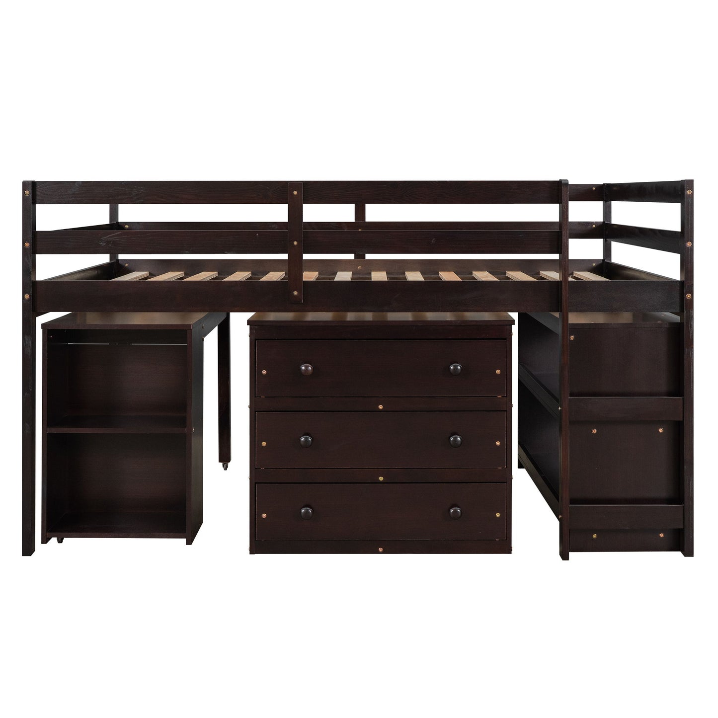 Full Loft Low Study Bed With Cabinet, Shelves And Rolling Portable Desk, Multiple Functions - Espresso