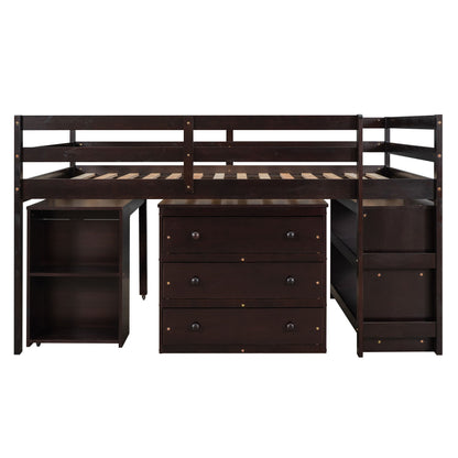 Full Loft Low Study Bed With Cabinet, Shelves And Rolling Portable Desk, Multiple Functions - Espresso