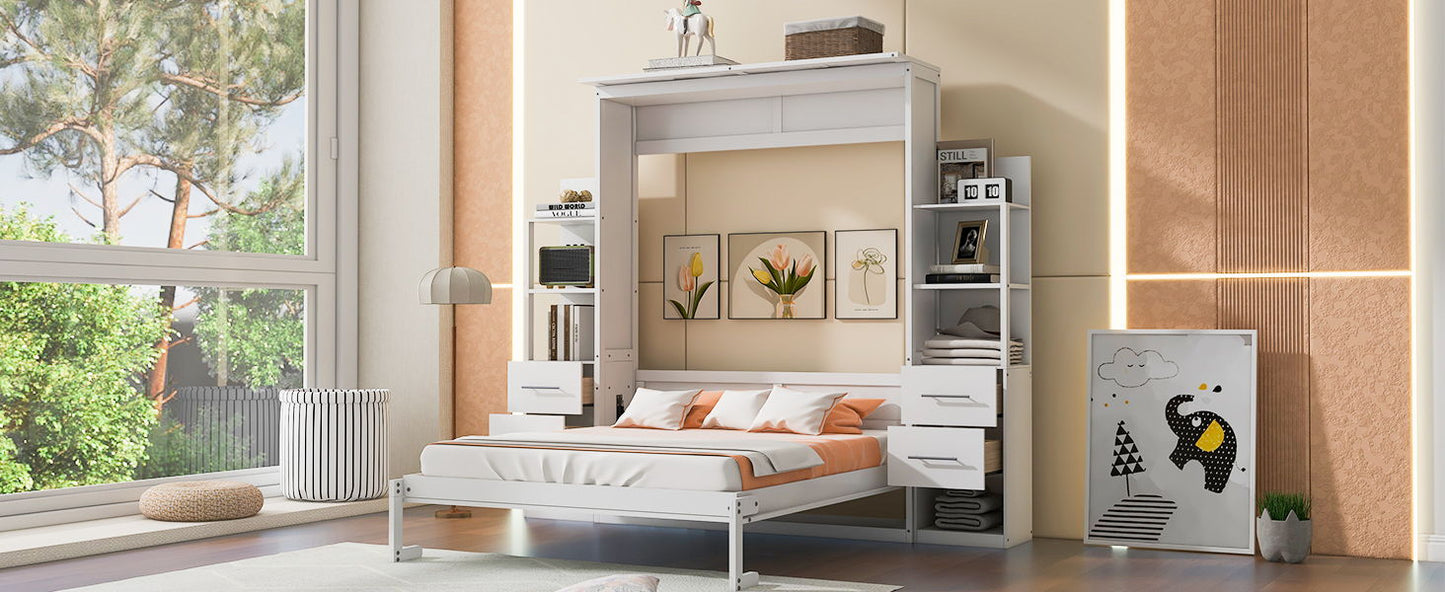 Queen Size Murphy Wall Bed With Shelves, Drawers And LED Lights - White