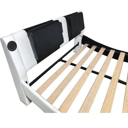 King Size Upholstered Platform Bed Frame With LED Lighting, Bluetooth Connection To Play Music Control, Backrest Vibration Massage, Curve Design, Wood Slat Support, Exhibited Speakers - White