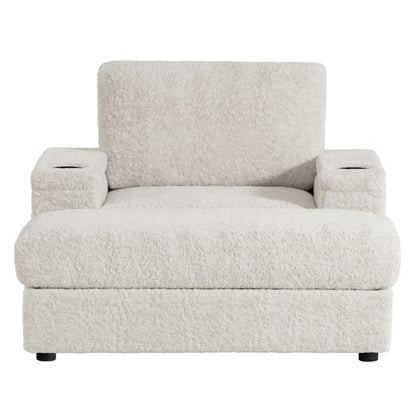 Oversized Chaise Lounge Indoor Rabbit Fur Sofa Bed With Storage Ottoman And Armrests Cup Holders With Deep Seat - Beige