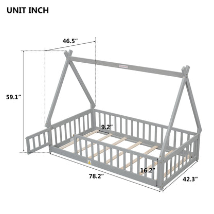 Twin Tent-Shaped Floor Bed, With Guardrails, Slats, Door - Gray