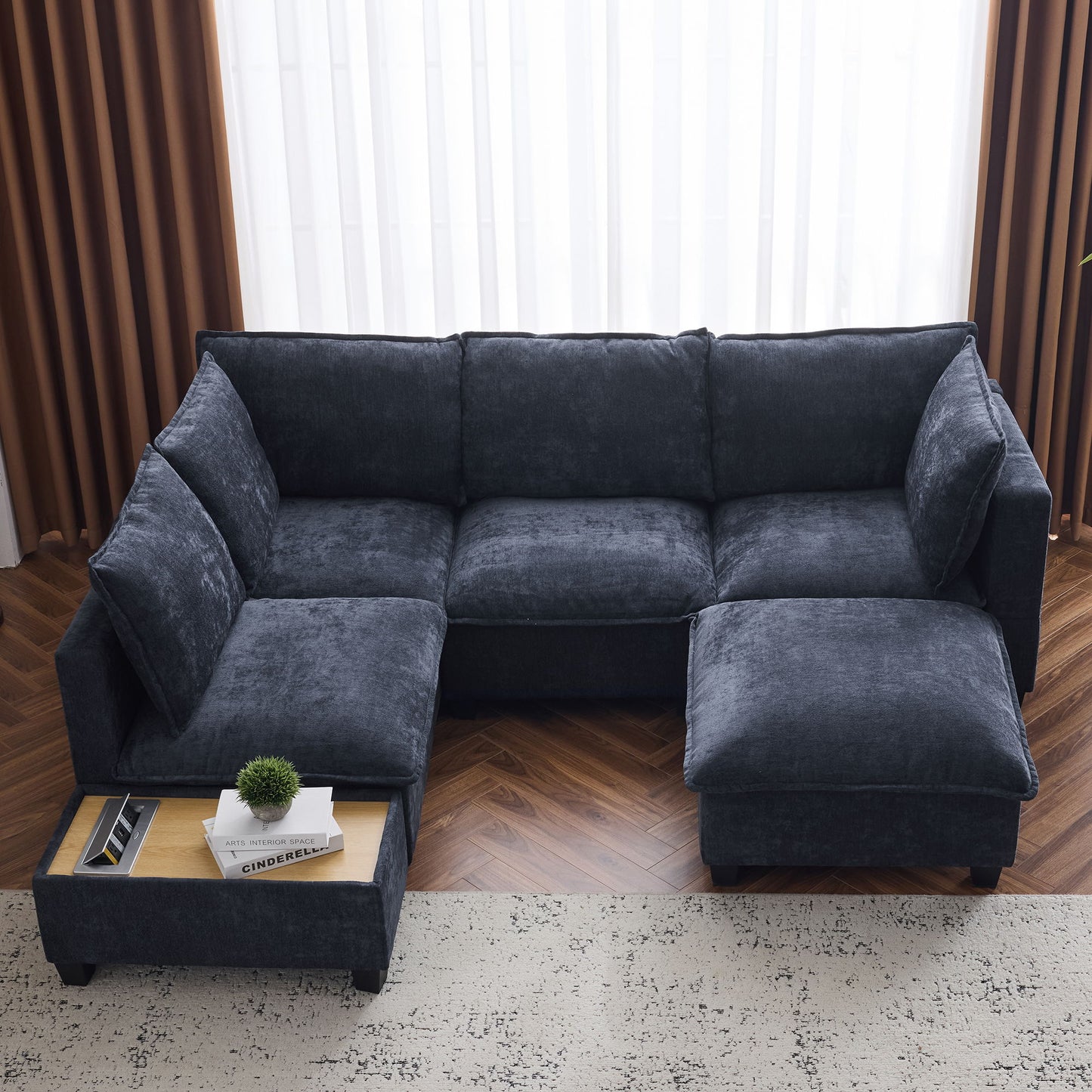 U - Shaped Sectional Sofa Modular Sofa Couch With A Movable Ottoman, A Coffee Table With Hidden Charging Devices For Living Room - Blue