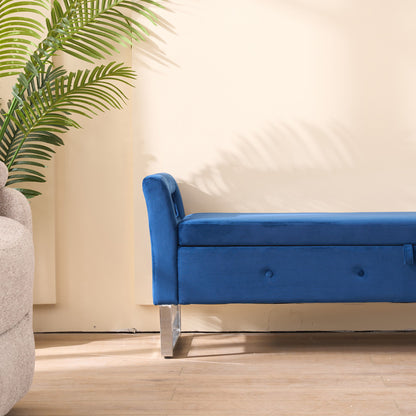 Wide Storage Soft Ottoman Bench With Armrests, Footrest Bed End Stool For Living Room, Dorm, Entryway And Bedroom - Navy