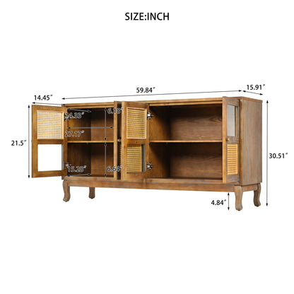 Retro 4 Door Sideboard With Large Storage Space, Artificial Rattan Doors - Transparent Glass - Antique Brown