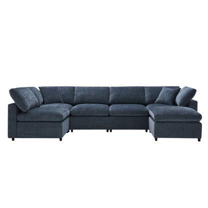 Modern Modular Cloud Sofa Bed, 6 Seat Chenille Sectional Couch Set With Ottoman, Free Combination, Convertible U Shaped Sleeper Sofa - Dark Blue