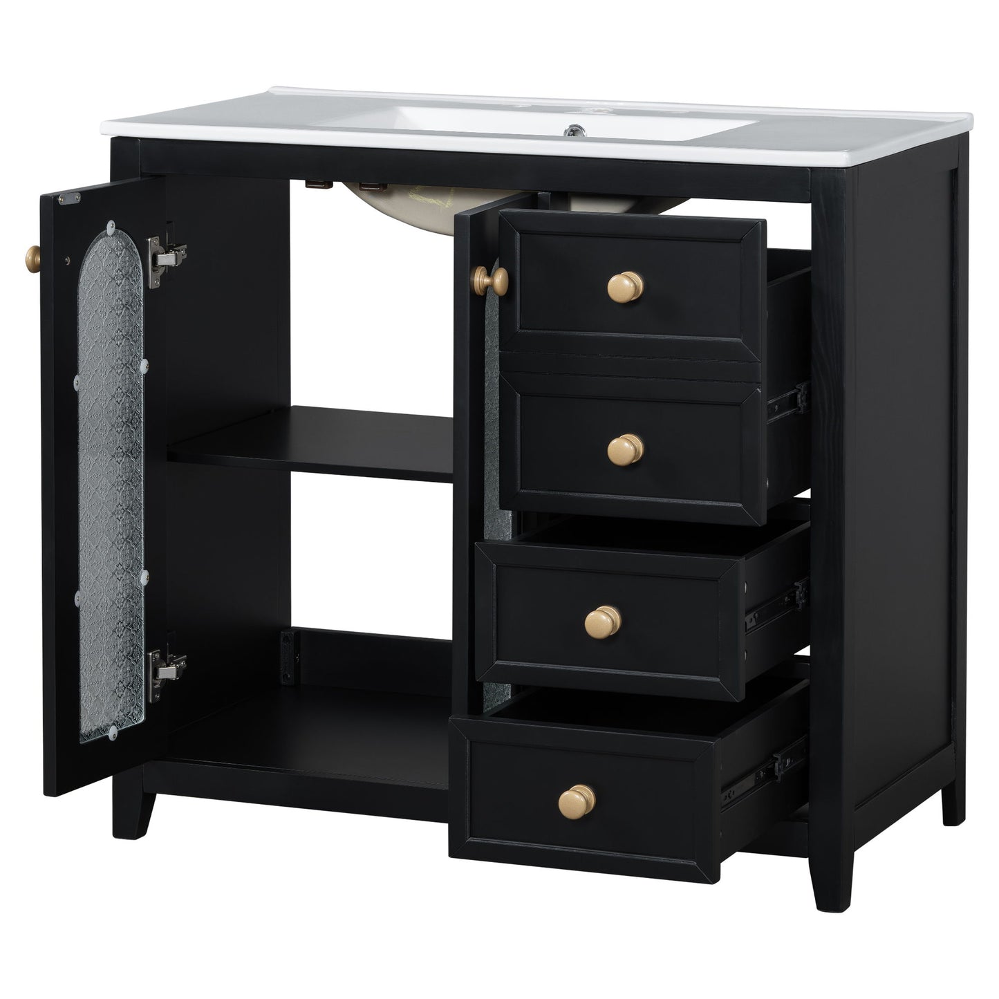 Bathroom Vanity With Two Soft Close Doors, Adjustable Shelves And Three Drawers - Black