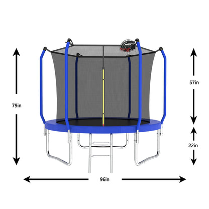 8Ft Trampoline With Basketball Hoop, Astm Approved Reinforced Type Outdoor Trampoline With Enclosure Net - Blue