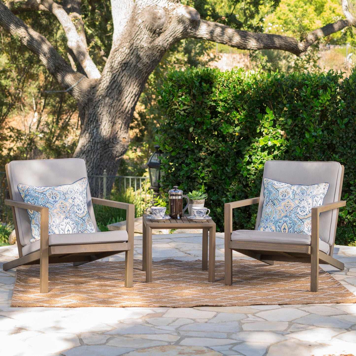 Celestaria - 3 Piece Outdoor Chat Set With Adirondack Chairs, Cushions And Side Table - Gray