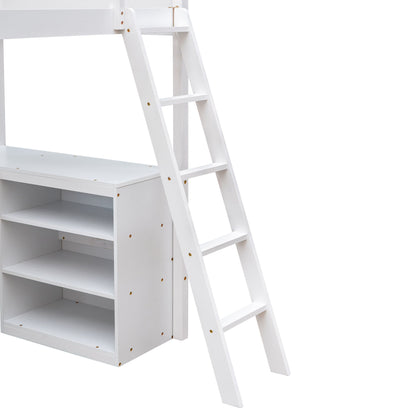 Twin Size Loft Bed With Shelves With Desk - White