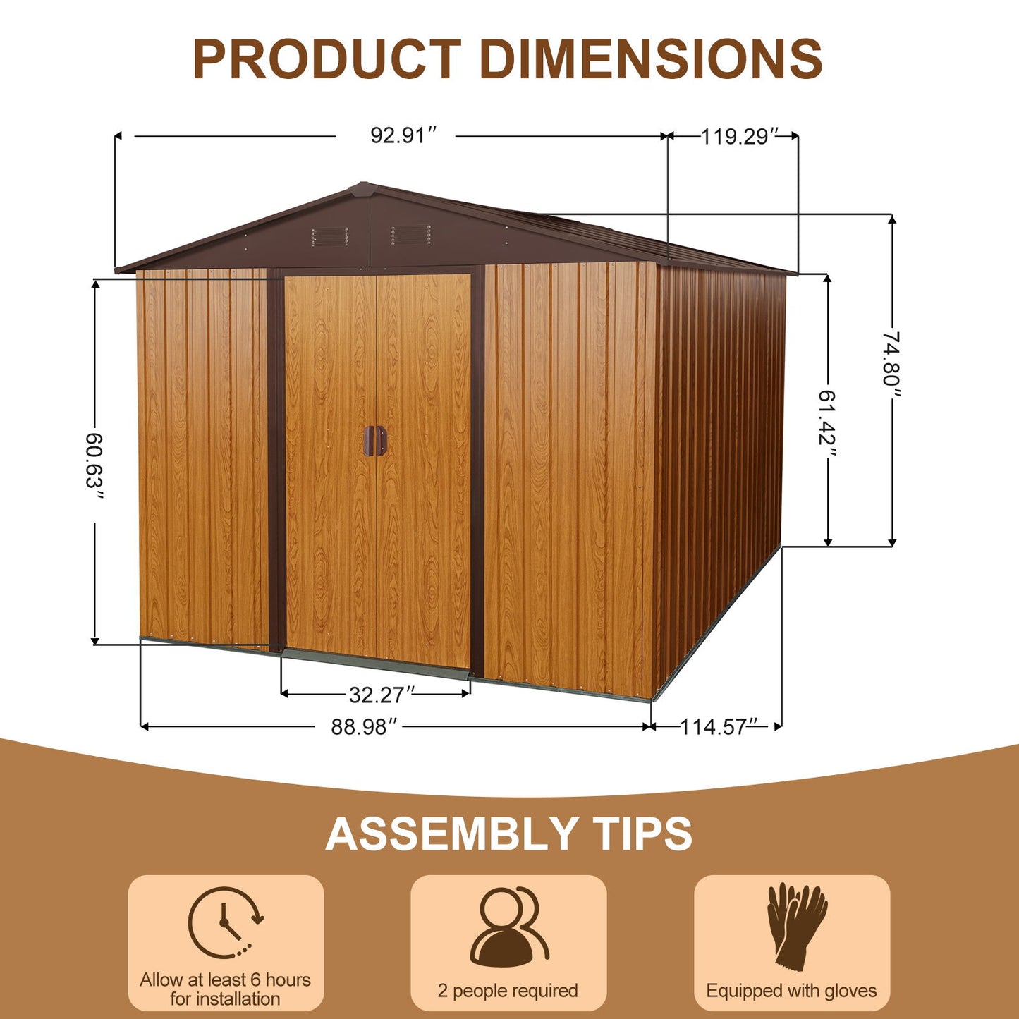 Outdoor Metal Storage Shed With Metal Floor Base - Coffee