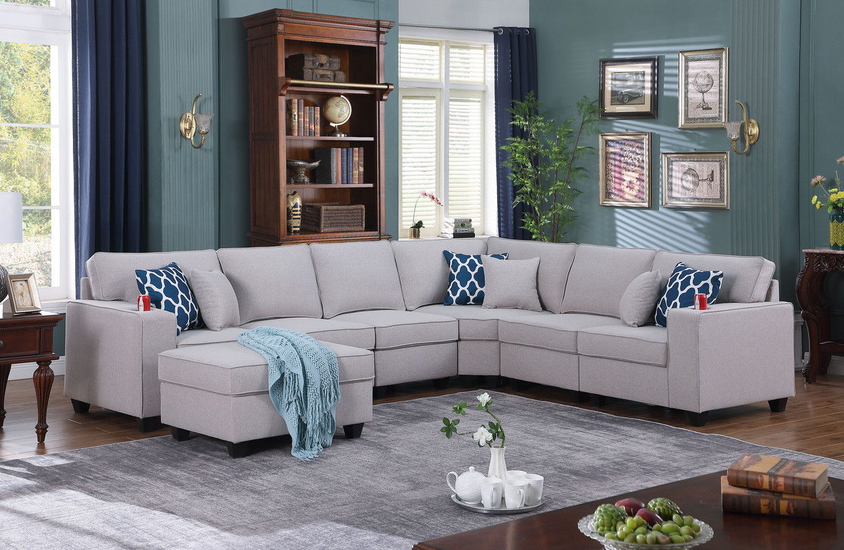 Cooper - 7 Piece Reversible L-Shape Sectional Sofa With Ottoman And Cupholder - Light Gray