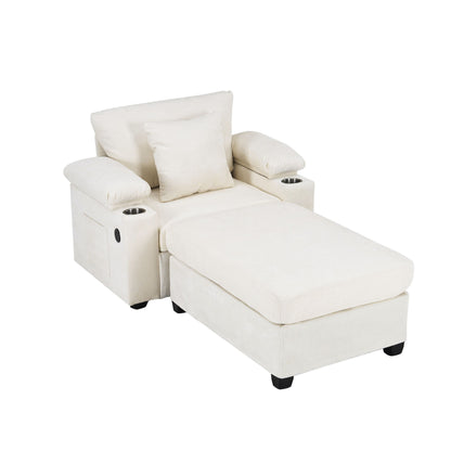 Modern Oversized Chair With Ottoman, Chenille Fabric Sofa Bed, Accent Chair Comfy Sofa With Cupholders And USB Charging Ports Chair For Living Room, Bedroom, Apartment - Beige