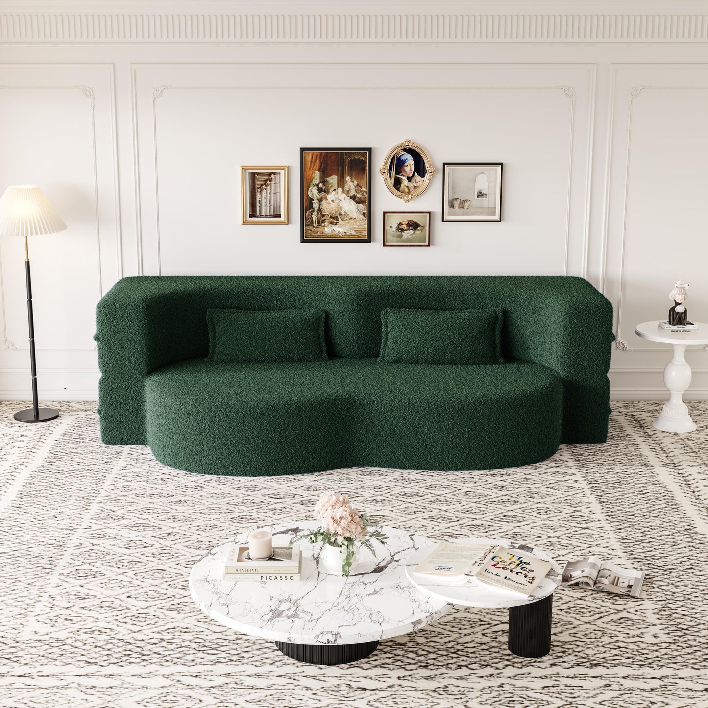 Modern Floor Sofa With 2 Pillows, Convertible Teddy Fabric Foam Filled Sleeper Sofa Bed, Full Size Folding Mattress For Living Room Guest Bed, Playroom, No Assembly Required - Green