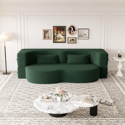Modern Floor Sofa With 2 Pillows, Convertible Teddy Fabric Foam Filled Sleeper Sofa Bed, Full Size Folding Mattress For Living Room Guest Bed, Playroom, No Assembly Required - Green