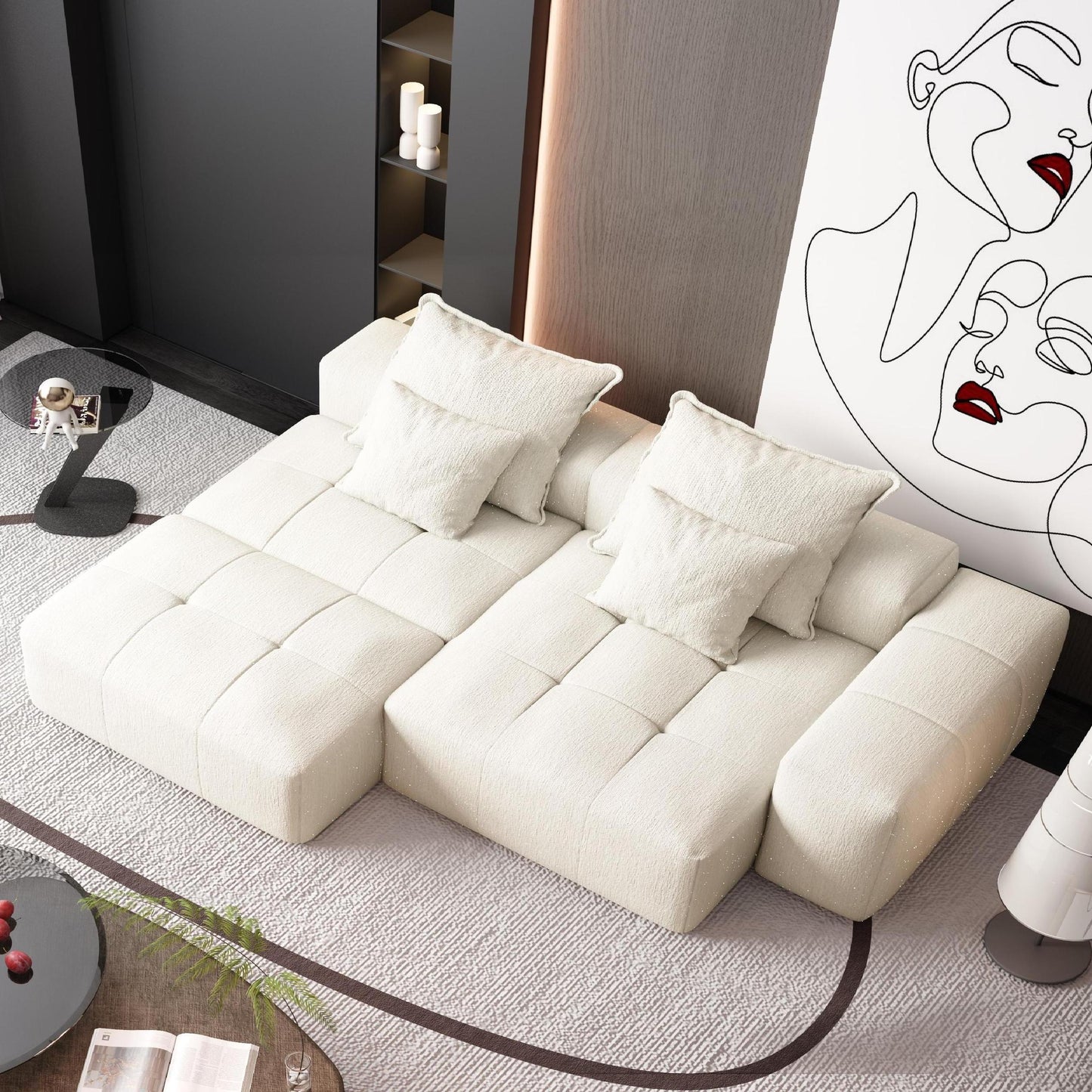 Modern Oversized Modular Sectional Sofa With Ottoman, Seat, Chaise Lounge And Armrest, Sparkling Chenille Fabric Soft Cushion Sofa With 4 Pillows, 4 Pieces Diy Combination Tufted Sofa, No Assembly Required - Beige