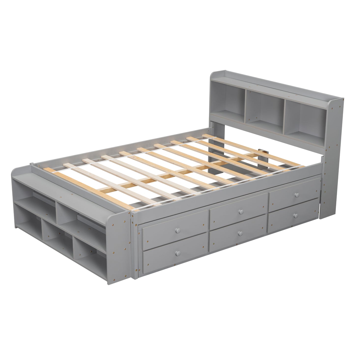 Full Bed With Bookcase Headboard, Under Bed Storage Drawers And Bed End Storage Case - Gray