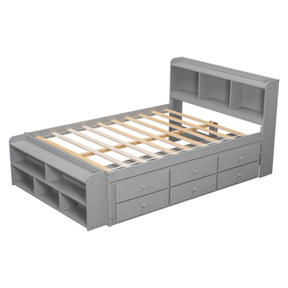 Full Bed With Bookcase Headboard, Under Bed Storage Drawers And Bed End Storage Case - Gray