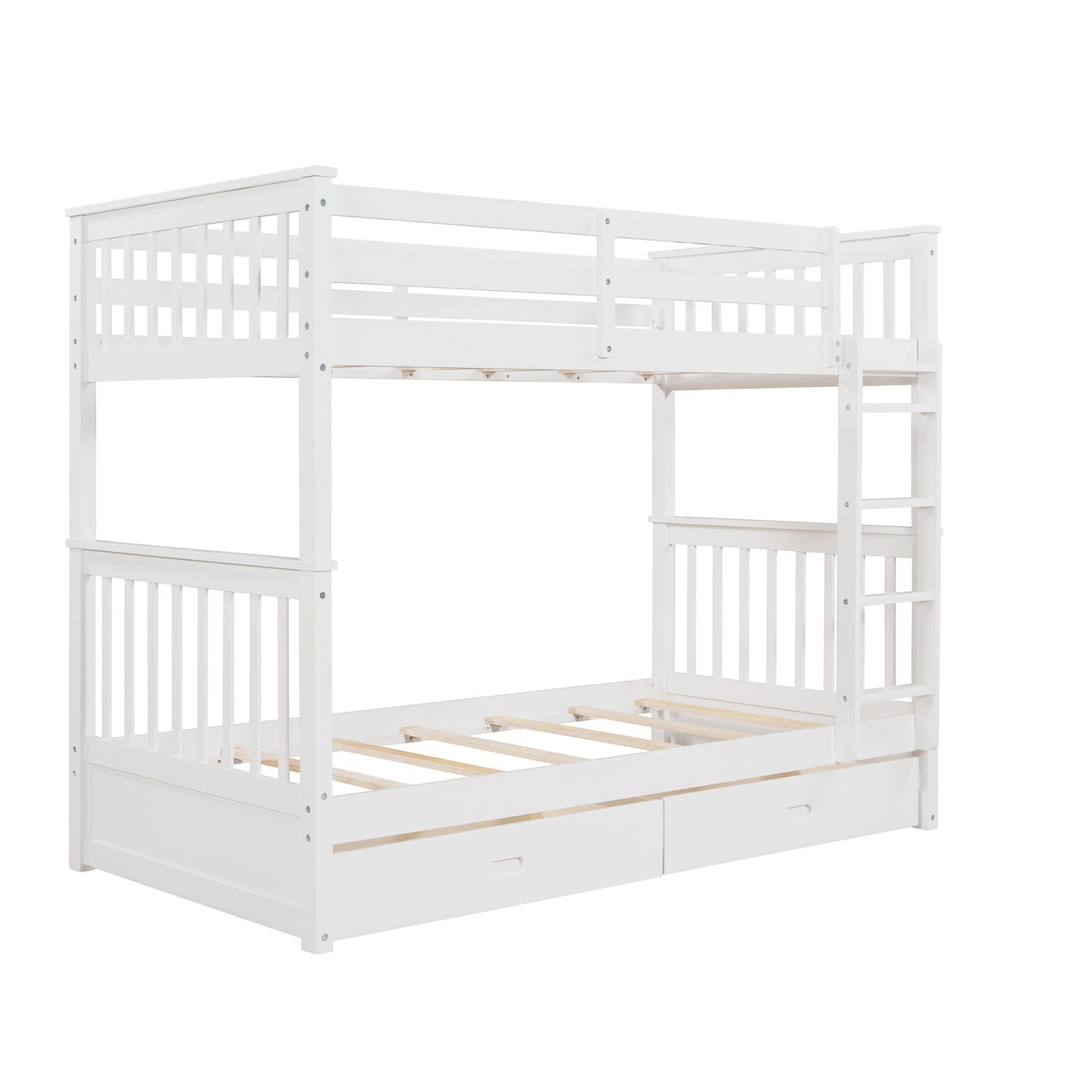 Twin Over Twin Bunk Bed With Ladders And 2 Storage Drawers - White