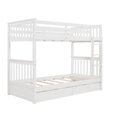 Twin Over Twin Bunk Bed With Ladders And 2 Storage Drawers - White
