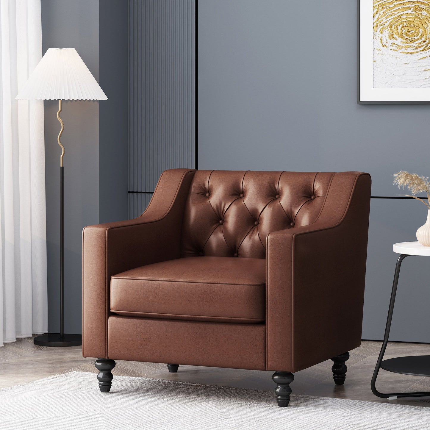 Contemporary Club Chair With Button Tufting And Birch Wood Legs - Dark Brown