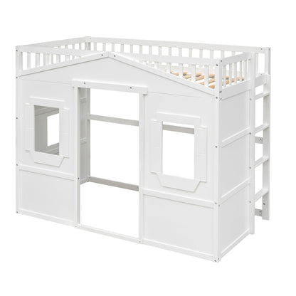 Twin Size House Loft Bed With Ladder - White