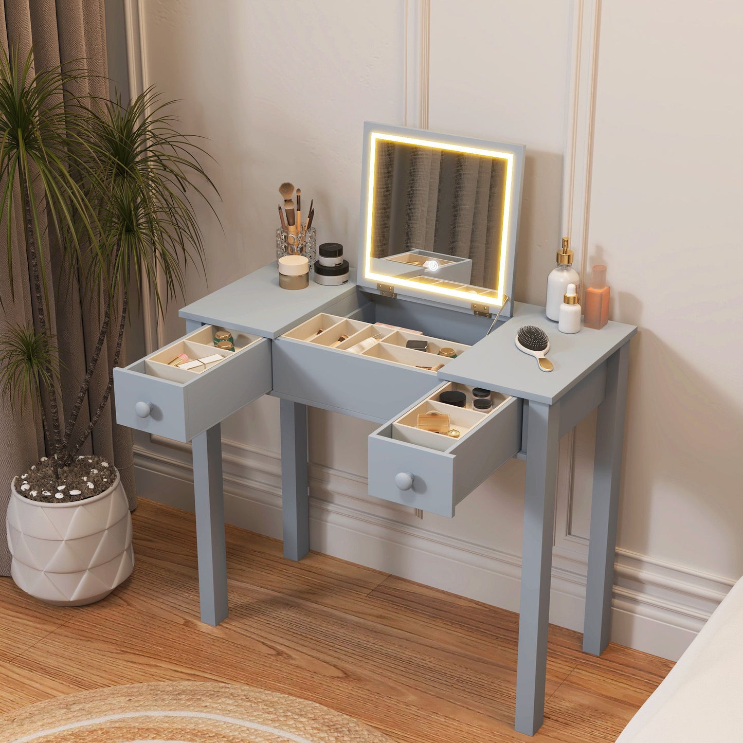Vanity Table With LED Lights, Flip-Top Mirror And 2 Drawers, Jewelry Storage - Sleek Gray
