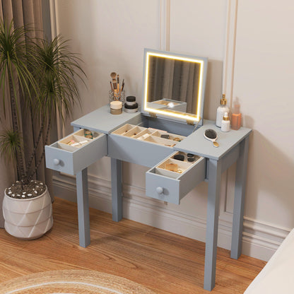 Vanity Table With LED Lights, Flip-Top Mirror And 2 Drawers, Jewelry Storage - Sleek Gray