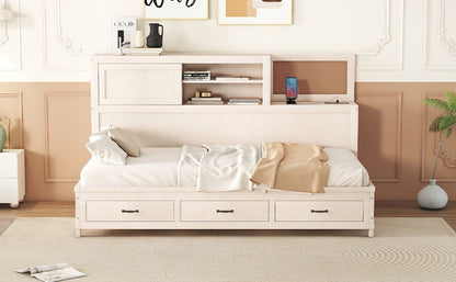 Twin Size Daybed With 3 Storage Drawers, Upper Soft Board, Shelf, And A Set Of Sockets And USB Ports - White