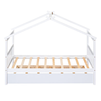 Twin Size House Bed With Twin Size Trundle - White