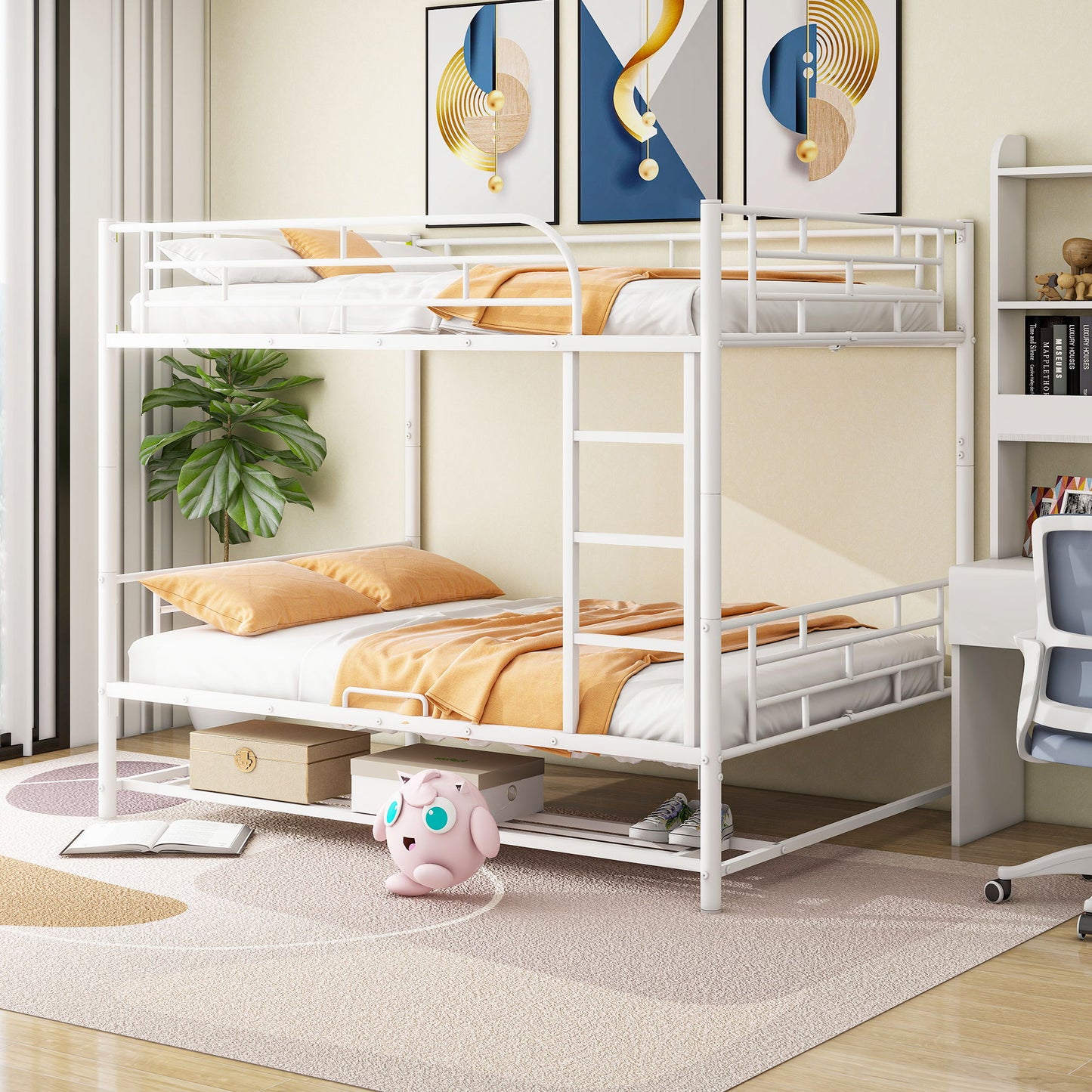 Full Over Full Bunk Bed With Shelf And Guardrails - White
