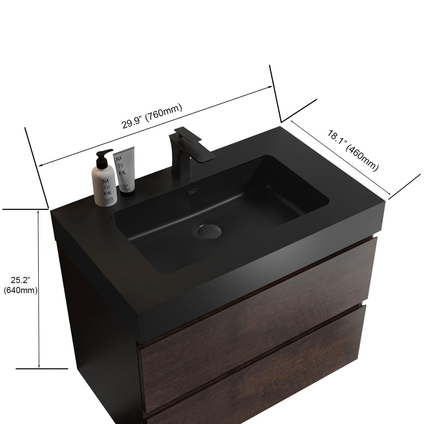 Alice - 30" Bathroom Vanity With Sink, Large Storage Wall Mounted Floating Bathroom Vanity For Modern Bathroom, One-Piece Sink Basin Without Drain And Faucet - Walnut / Black