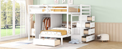 Full Over Twin Bunk Bed With Wardrobe, Drawers - White