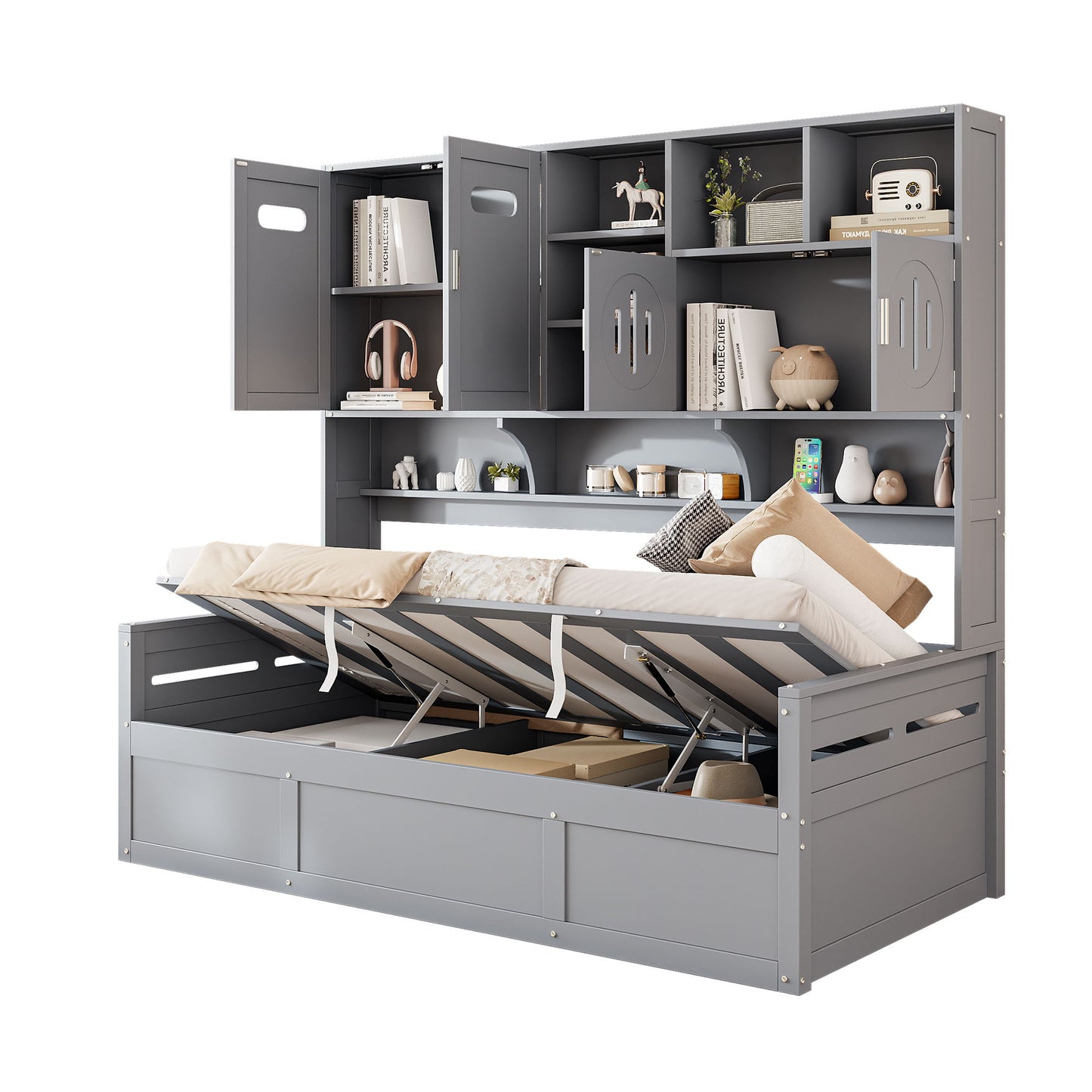 Twin Size Wooden Daybed With Hydraulic Bed And All In One Cabinet And Shelf - Gray