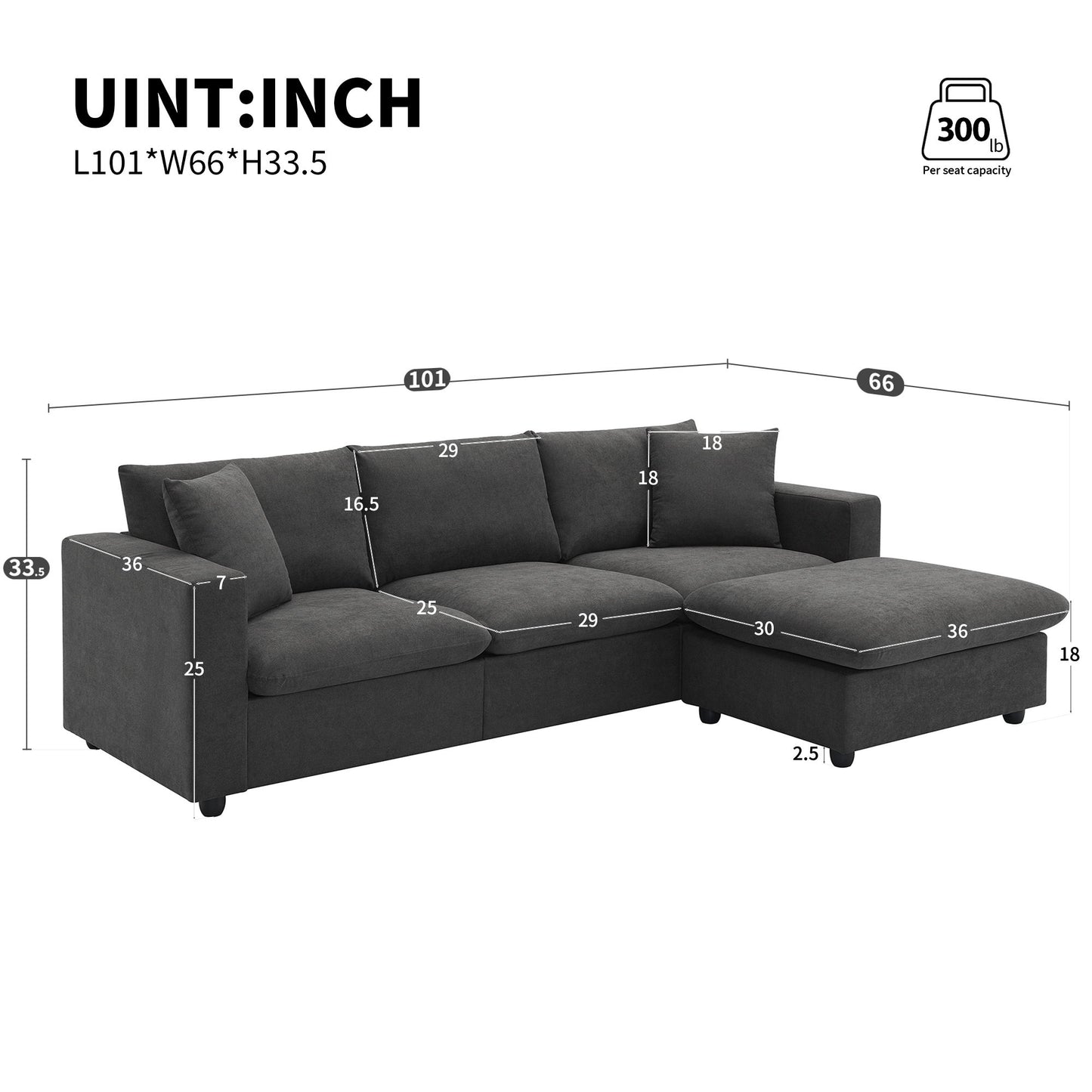 Modern Sectional Sofa, L-Shaped Couch Set With 2 Free Pillows, 4 Seat Polyester Fabric Couch Set With Convertible Ottoman - Dawn Gray