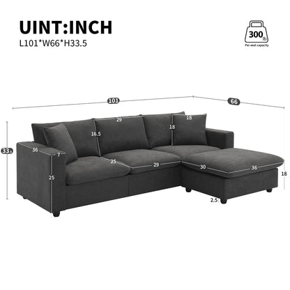 Modern Sectional Sofa, L-Shaped Couch Set With 2 Free Pillows, 4 Seat Polyester Fabric Couch Set With Convertible Ottoman - Dawn Gray