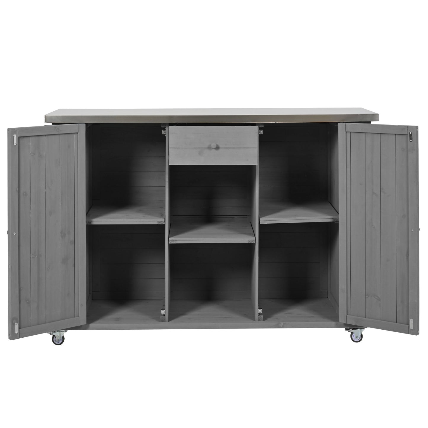 Outdoor Kitchen Island Fir Wood Kitchen Island With Stainless Steel Top, Ample Storage Space, Towel And Spice Racks And A Bottle Opener For Outdoor - Gray