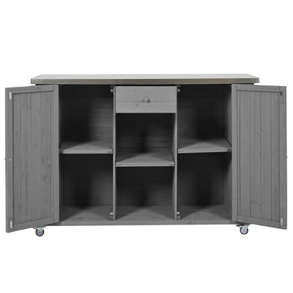 Outdoor Kitchen Island Fir Wood Kitchen Island With Stainless Steel Top, Ample Storage Space, Towel And Spice Racks And A Bottle Opener For Outdoor - Gray