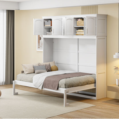 Full Size Space Saving Murphy Wall Bed With Top Cabinets, Flexible Slats - White