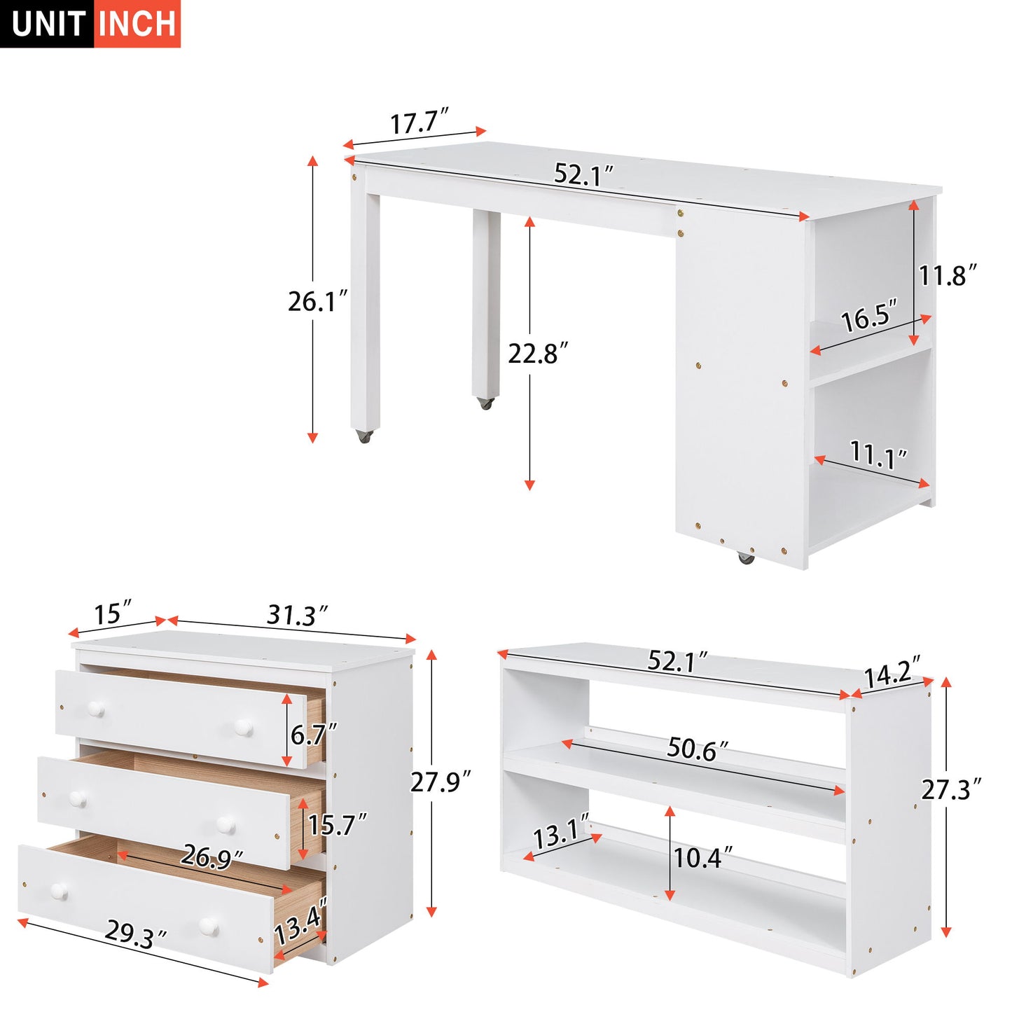 Full Loft Low Study Bed With Cabinet, Shelves And Rolling Portable Desk, Multiple Functions - White