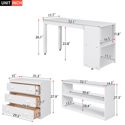 Full Loft Low Study Bed With Cabinet, Shelves And Rolling Portable Desk, Multiple Functions - White