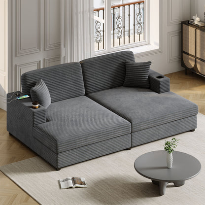 Oversized Loveseat Chaise Lounge Sectional Sofa Bed Corduroy Sleeper Sofa With 2 USB Ports, 2 Cup Holders And 2 Throw Pillows For Living Room And Bedroom - Dark Gray