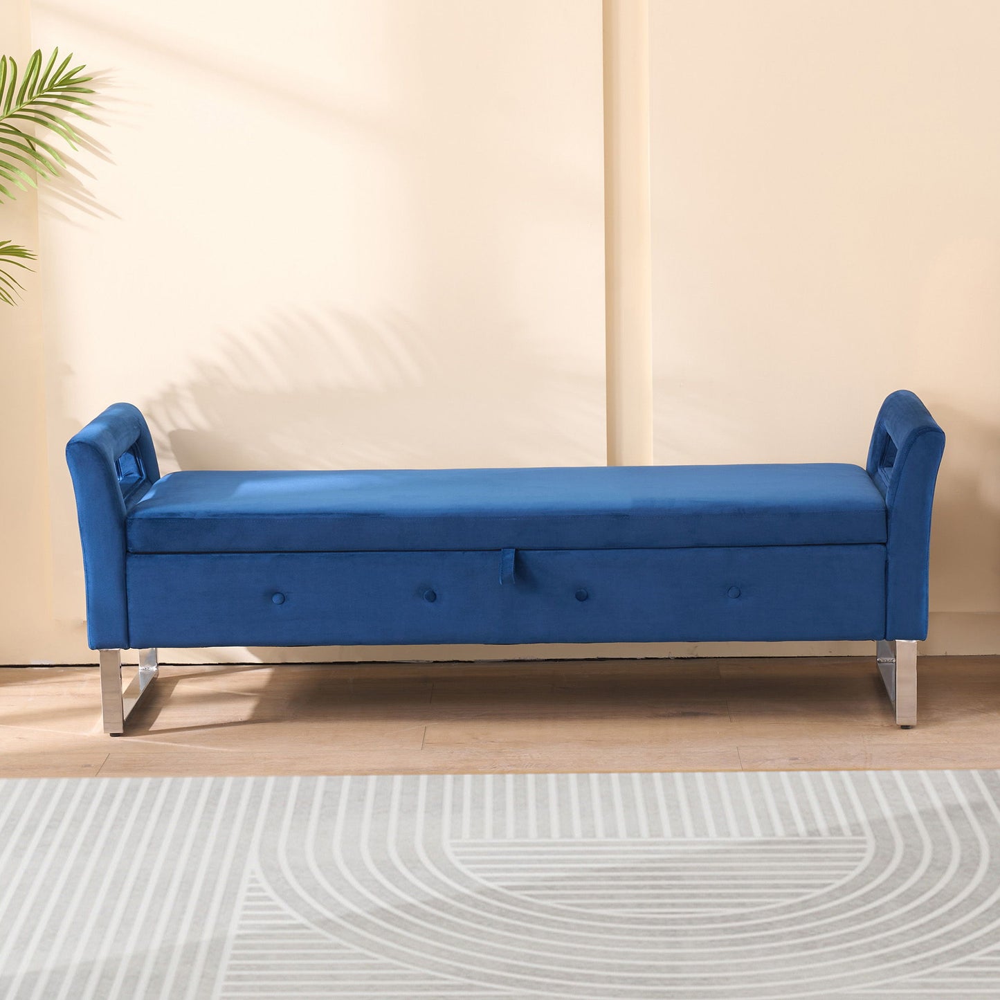 Wide Storage Soft Ottoman Bench With Armrests, Footrest Bed End Stool For Living Room, Dorm, Entryway And Bedroom - Navy