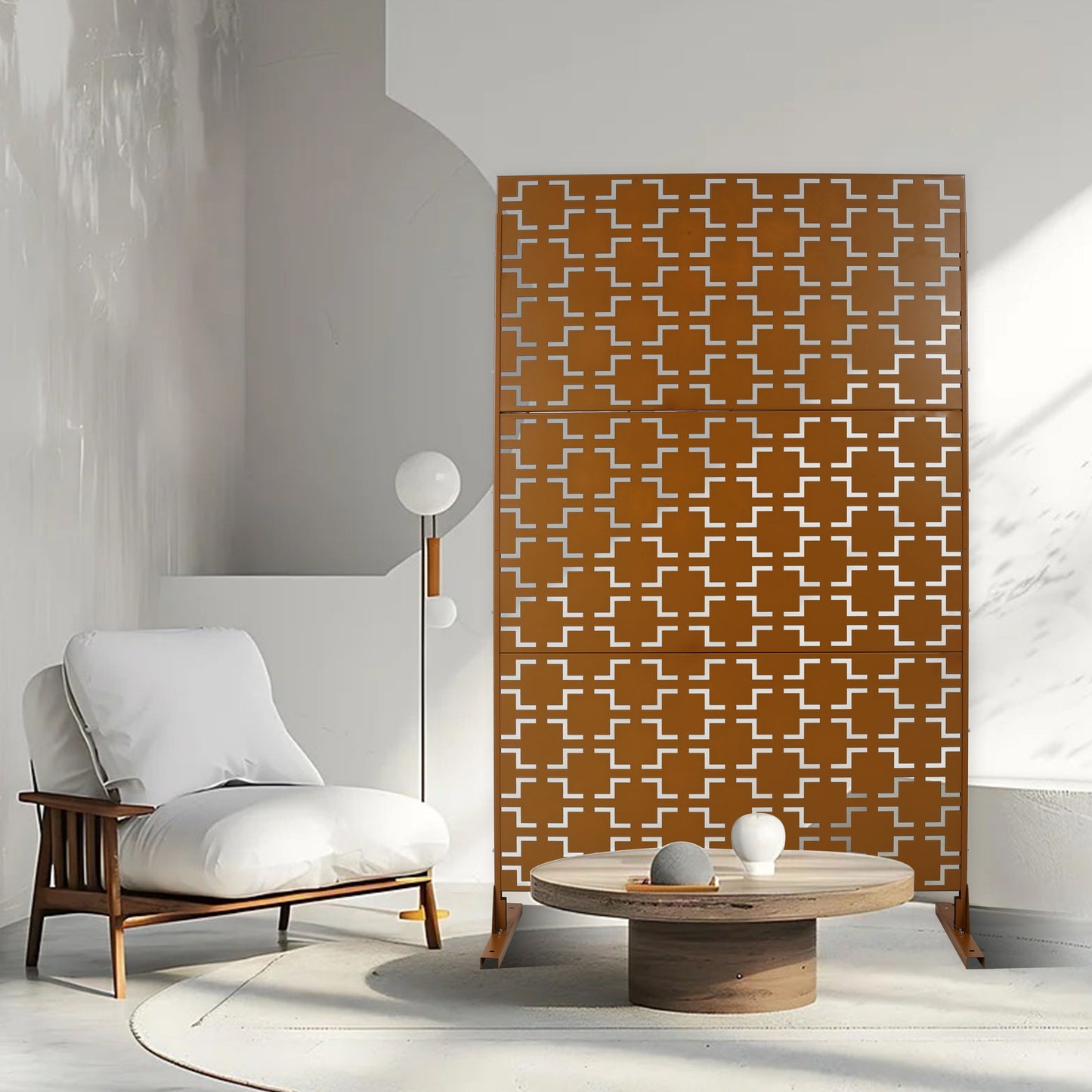 Outdoor & Indoor Freestanding Decorative Privacy Screen For Deck Balcony Patio, Metal Privacy Screen - Brown