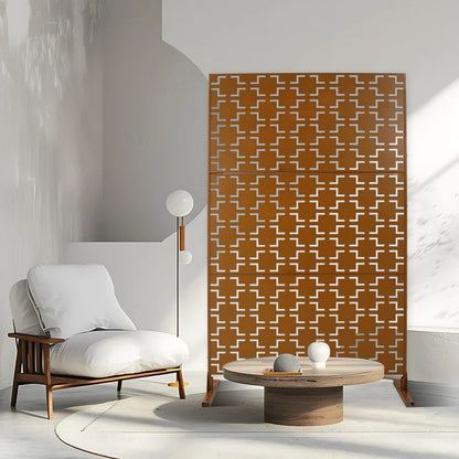 Outdoor & Indoor Freestanding Decorative Privacy Screen For Deck Balcony Patio, Metal Privacy Screen - Brown