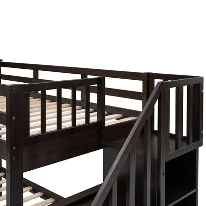 Stairway Twin Over Full Bunk Bed With Storage And Guard Rail For Bedroom - Espresso