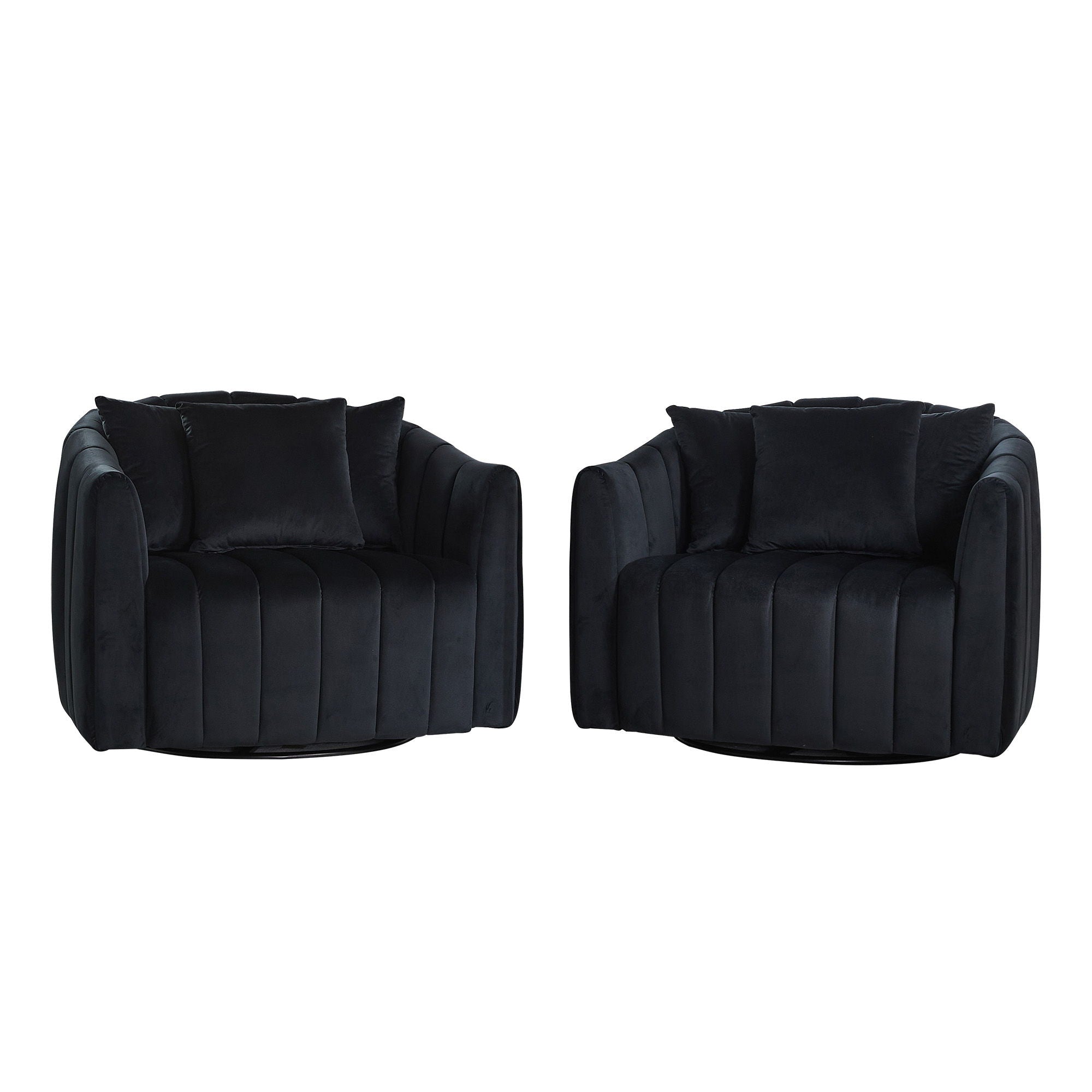 Upholstered Oversized 360 Degree Swivel Accent Barrel Chair And Half Cozy Sofa With 3 Pillows, Channel Tufted Pumpkin Shape Club Armchair For Living Room, Bedroom, Office, Lounge - Black