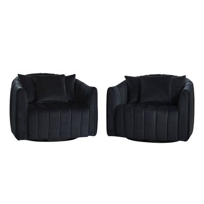 Upholstered Oversized 360 Degree Swivel Accent Barrel Chair And Half Cozy Sofa With 3 Pillows, Channel Tufted Pumpkin Shape Club Armchair For Living Room, Bedroom, Office, Lounge - Black
