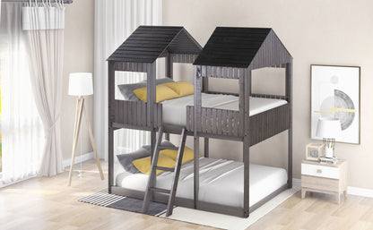 Full Over Full Bunk Bed With Roof, Window, Guardrail, Ladder - Antique Gray